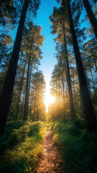 Çam ormanında gün doğumu.