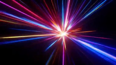 Soyut renkli ışınlar, siyah arka planda ışık patlaması. neon ışınları, yıldız ışınları, patlama, ışık, hareket