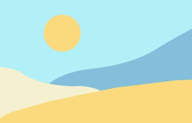 Dağları ve güneşi olan minimalist bir manzara. Çölün ortasında dağları, güneşi, tepeleri, dağları ve güneşi olan minimalist soyut tasarım. vektör