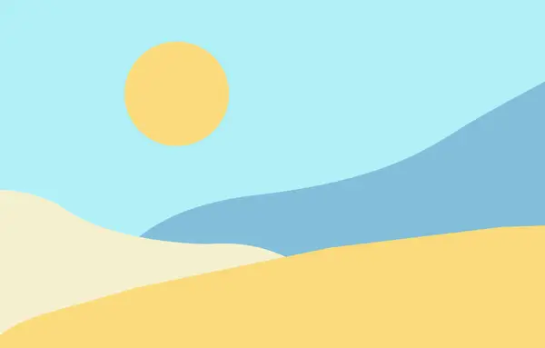 Dağları ve güneşi olan minimalist bir manzara. Çölün ortasında dağları, güneşi, tepeleri, dağları ve güneşi olan minimalist soyut tasarım. vektör