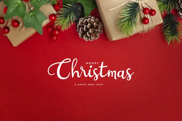 Mutlu noeller ve mutlu yıllar. Hediye ve süslemelerle dolu Noel kartı..