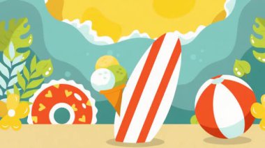 Karikatür sahili arka planı ve yaz zamanı. Düz yatış tarzı. Yaz tatili, tatil, turizm, rahatlama, yaz tatili, plaj. vektör illüstrasyonu.