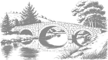 Dağlardaki bir nehrin vektör çizimi, el çizimi, illüstrasyon