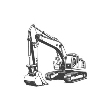 Ekskavatörün el çizimi vektör çizimi beyaz arkaplanda izole