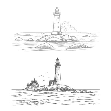 Okyanustaki deniz feneri, beyaz arkaplanda vektör çizimi