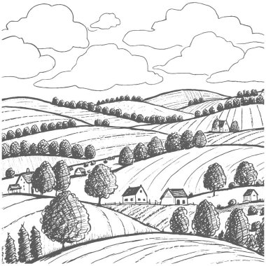 Çiftlik alanı olan vektör el çizimi. siyah ve beyaz