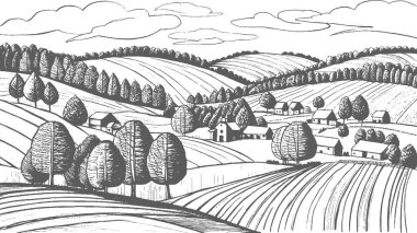 Ahşap bir çiftlik evi olan el çizimi kırsal alan.