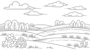 Ağaçlar ve bulutlarla el çizimi manzara