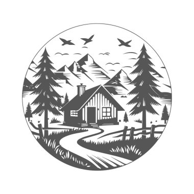 Dağlardaki ev ve orman.