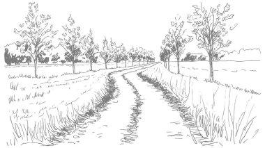 Ağaç ev ve el çizimi dağ manzarası