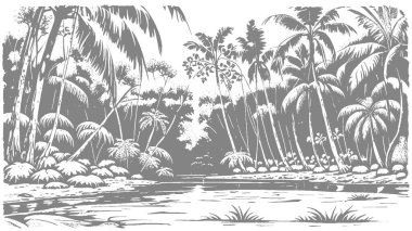 Palmiye ağaçları ve palmiye ağaçları. beyaz arkaplanda izole edilmiş siyah ve beyaz vektör çizimi.