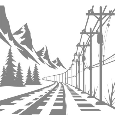 Siyah beyaz vektör dağ manzarası