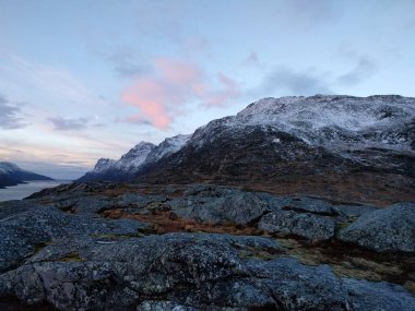 Ersfjord 'un bakış açısından bir dağın Norveç manzarası