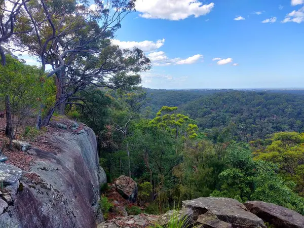 Bowen Dağı, Sydney, Avustralya 'dan mavi dağlardaki yeşil yuvarlanan tepelerin ve büyük kayaların görüntüsü