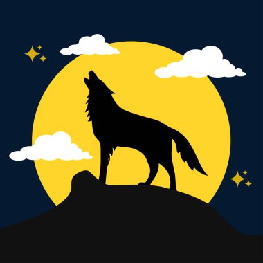 Kurt dolunay vektör illüstrasyonunda uluyor.