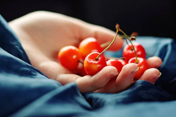 Bir kadın elinde kiraz tutar