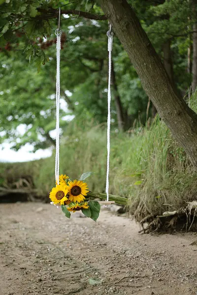 Bir buket ayçiçeğiyle ağaçta sallanıyor.