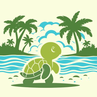 Sahilde palmiye ağaçları ve suyu olan bir kaplumbağa..