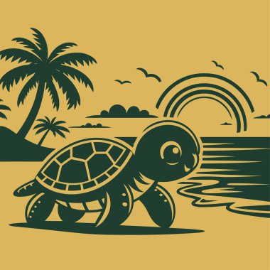 Sahilde palmiye ağaçları ve gökkuşağı olan bir kaplumbağa..