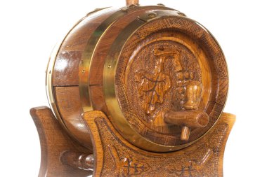 Dekoratif ahşap bir fıçı. İçinde asma ev oymaları, klasik işçilik ve yansıtıcı bir yüzey var. Konsept tasarımı veya kırsal temalar için ideal..