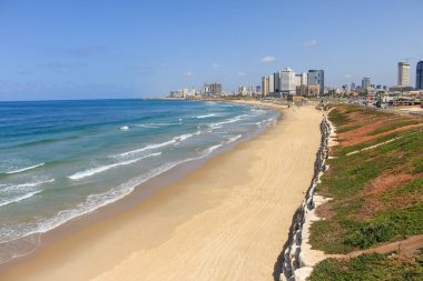 Güzel bir kumsal, sakin mavi okyanus suları ve açık güneşli hava ile modern gökdelenlerden oluşan bir gökdelenle dolu canlı bir sahil şehri..