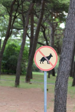 Yeşillik ve ağaçlarla çevrili sessiz bir parkta köpeklere izin verilmeyen bir tabela belirgin şekilde duruyor. Arka planda, bir çift yolda rahatça yürür..