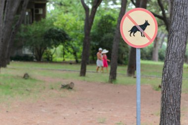 Yeşillik ve ağaçlarla çevrili sessiz bir parkta köpeklere izin verilmeyen bir tabela belirgin şekilde duruyor. Arka planda, bir çift yolda rahatça yürür..