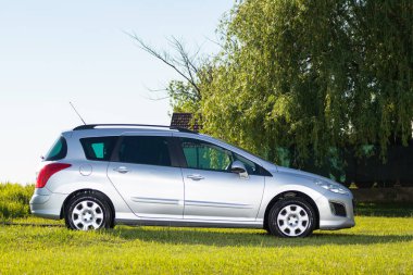 Doğanın esintisi ve güneş ışığıyla çevrili çimenli bir arazide duran gümüş renkli bir hatchback otomobil seti..