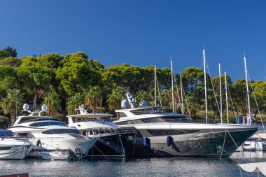 Bereketli ağaçlar ve parlak mavi bir gökyüzü tarafından çerçevelenmiş, sakin bir marinaya demirlenmiş, gösterişli motorlu yatlar dizilimi. Bu sahne lüks, boş zaman, seyahat ve deniz hayatı sunar..