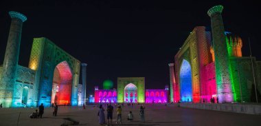 View of the Registan and its three madrasahs in Samarkand, Uzbekistan. From left to right: Ulugh Beg Madrasah, Tilya-Kori Madrasah and Sher-Dor Madrasah. clipart