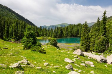 Kırgızistan, Orta Asya 'daki Tianshan Dağları' ndaki turkuaz göl manzarası