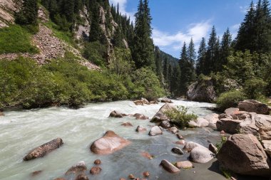 Kırgızistan, Orta Asya 'daki Tianshan Dağları' ndaki nehrin panoramik manzarası