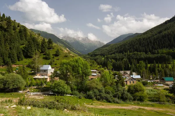 Kırgızistan, Orta Asya 'daki Tianshan Dağları' nda küçük bir köy manzarası