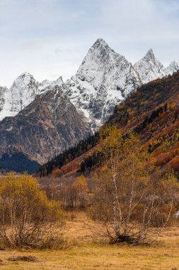Rusya 'nın Karachay-Çerkesya Cumhuriyeti' ndeki Kafkas dağlarının manzarası