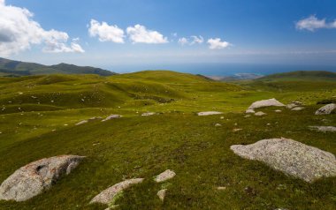Kırgızistan, Orta Asya 'daki Tianshan Dağlarının panoramik manzarası
