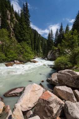 Kırgızistan, Orta Asya 'daki Tianshan Dağları' ndaki nehrin panoramik manzarası