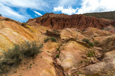 Kırgızistan 'daki Tian Shan dağlarındaki Terskey Ala-Too dağ sırasının Peri Masalı Kanyonu' nun (Skazka Kanyonu) renkli kayaları.
