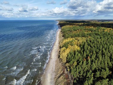 Baltık Denizi, Olando Kepure, Klaipeda, Litvanya 'nın insansız hava aracı görüntüsü. Baltık Denizleri 'nin berrak mavi suları kumlu sulara paralel uzanırken, çok az insan kumsalın tadını çıkarıyor..  