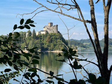Polonya 'daki Niedzica Kalesi' nin panoramik manzarası. Kale yemyeşil bir yer ve sakin bir göl ile çevrili bir tepeye tünemişti. Ortaçağ yapısında taş duvarlar ve kuleler yer alıyor.