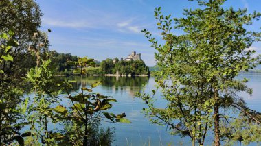 Polonya 'daki Niedzica Kalesi' nin havadan görünüşü. Kale yemyeşil bir yer ve sakin bir göl ile çevrili bir tepeye tünemişti. Ortaçağ yapısında taş duvarlar ve kuleler yer alıyor.