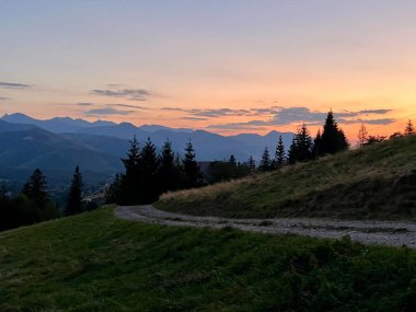 Tatra dağlarında gün batımı, Zakopane, Poland.Yuvarlanan tepeler dağların arka planına karşı kozalaklı ağaç siluetine yol açar. Çimenli arazide bir toprak yol kıvrılır..