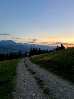 Tatra dağlarında gün batımı, Zakopane, Poland.Yuvarlanan tepeler dağların arka planına karşı kozalaklı ağaç siluetine yol açar. Çimenli arazide bir toprak yol kıvrılır..