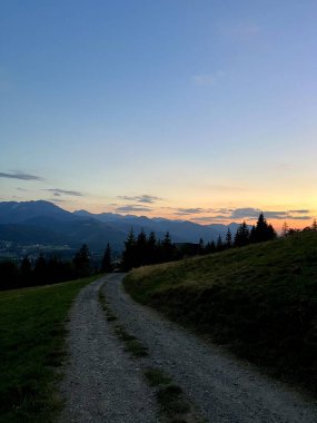 Tatra dağlarında gün batımı, Zakopane, Poland.Yuvarlanan tepeler dağların arka planına karşı kozalaklı ağaç siluetine yol açar. Çimenli arazide bir toprak yol kıvrılır..