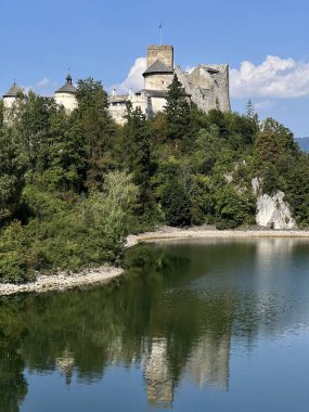 Polonya 'daki Niedzica Kalesi' nin panoramik manzarası. Kale yemyeşil bir yer ve sakin bir göl ile çevrili bir tepeye tünemişti. Ortaçağ yapısında taş duvarlar ve kuleler yer alıyor.