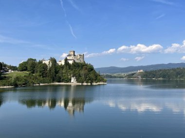 Polonya 'daki Niedzica Kalesi' nin panoramik manzarası. Kale yemyeşil bir yer ve sakin bir göl ile çevrili bir tepeye tünemişti. Ortaçağ yapısında taş duvarlar ve kuleler yer alıyor.