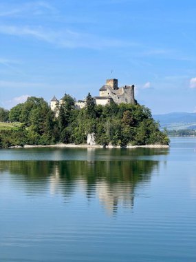 Polonya 'daki Niedzica Kalesi' nin panoramik manzarası. Kale yemyeşil bir yer ve sakin bir göl ile çevrili bir tepeye tünemişti. Ortaçağ yapısında taş duvarlar ve kuleler yer alıyor.