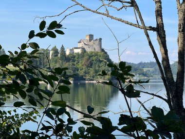 Polonya 'daki Niedzica Kalesi' nin panoramik manzarası. Kale yemyeşil bir yer ve sakin bir göl ile çevrili bir tepeye tünemişti. Ortaçağ yapısında taş duvarlar ve kuleler yer alıyor.