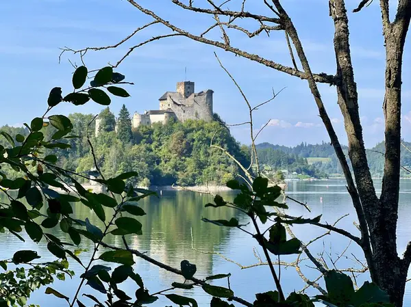 Polonya 'daki Niedzica Kalesi' nin panoramik manzarası. Kale yemyeşil bir yer ve sakin bir göl ile çevrili bir tepeye tünemişti. Ortaçağ yapısında taş duvarlar ve kuleler yer alıyor.