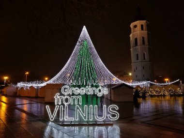 Litvanya 'da yeşil koni şeklindeki ve tepe örtüsünü andıran beyaz ışık dizileriyle aydınlatılmış bir Noel ağacı. Önplanda, neon harfler 