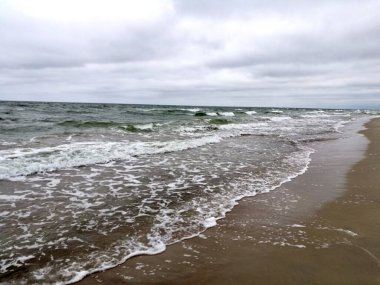 Juodkrante 'de Baltık Denizi' ni sallayan Litvanya Dalgaları bulutlu bir gökyüzünün altında kumlu bir plaja yavaşça yuvarlanıyor. Deniz, yeşilimsi mavi tonlarıyla, beyaz köpükle kıyıya vurur.. 